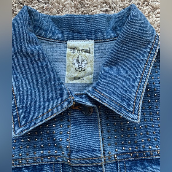 VOCAL USA BLUE Cotton Crystal Studded Raw Edge Button Down Denim Vest NWOT SZ L - Picture 8 of 17